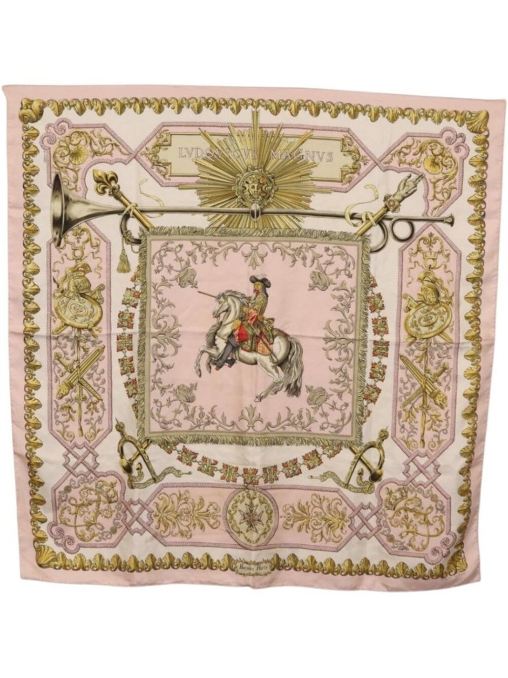 HERMES Carre 90 Scarf ""LVDOVICVS MAGNVS"" Silk Pink
